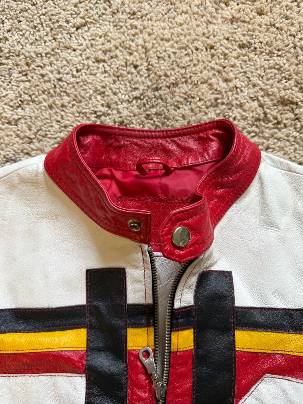 Women’s Red Colorblock Leather Racing Jacket - Picture 2 of 4